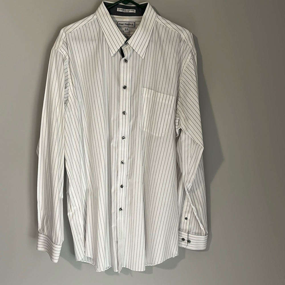 Paul Fredrick Non-Iron Two-Ply Cotton Pinpoint. White with gray pinstripe. 18-38